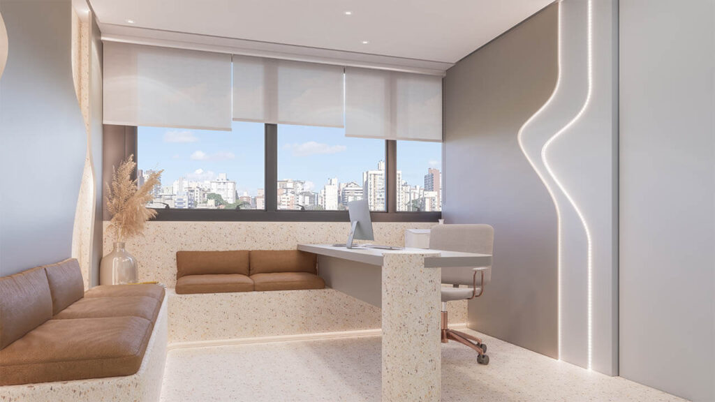 Sala comercial à venda em Porto Alegre com piso claro, paredes brancas e janelas amplas que proporcionam excelente iluminação natural