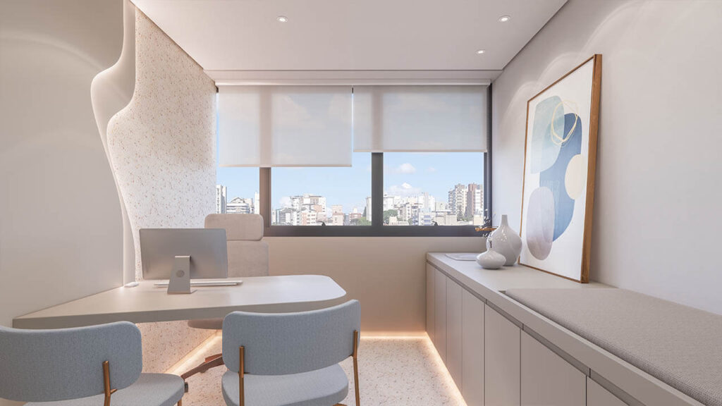 Sala comercial à venda em Porto Alegre com piso claro, paredes brancas e janelas amplas que proporcionam excelente iluminação natural
