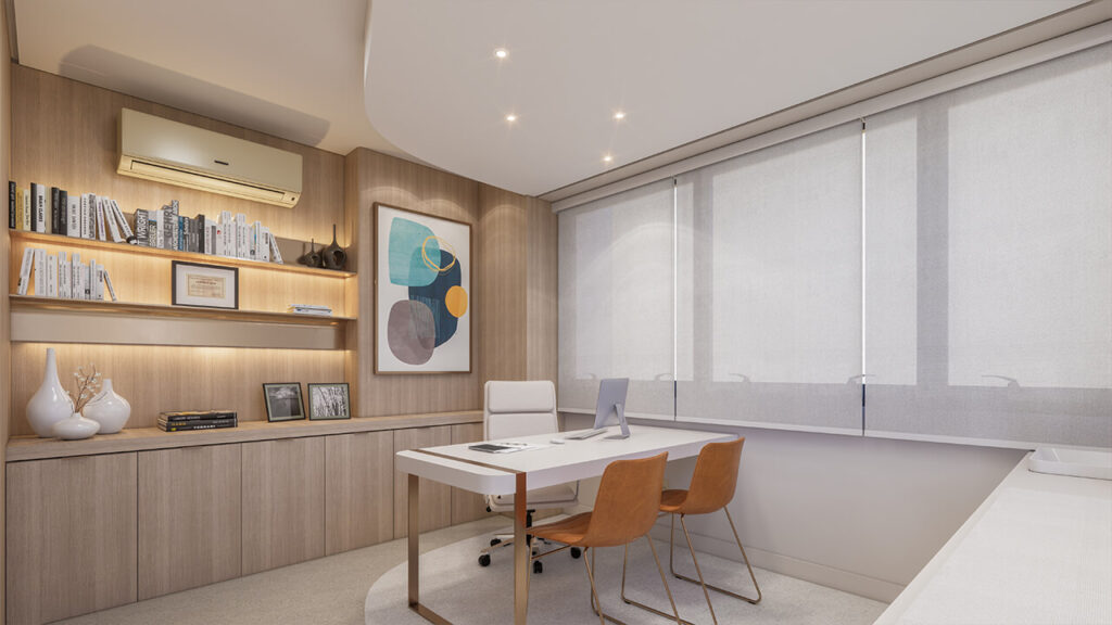 Detalhe de sala comercial climatizada à venda em Porto Alegre, com ar-condicionado instalado e ambiente pronto para uso.